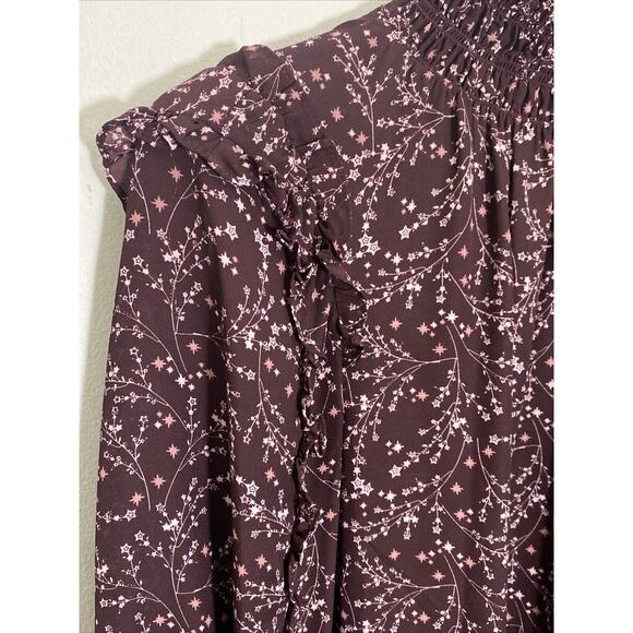 Max Studio Size Medium Ruffle Blouse Smocked Neck & Sleeves In Burgundy Boho - Picture 3 of 13